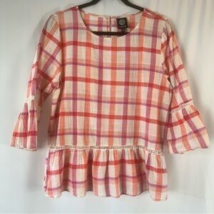 Bobeau Pink Red White Gingham Long Bell Sleeve Knit Top Blouse India Size:L